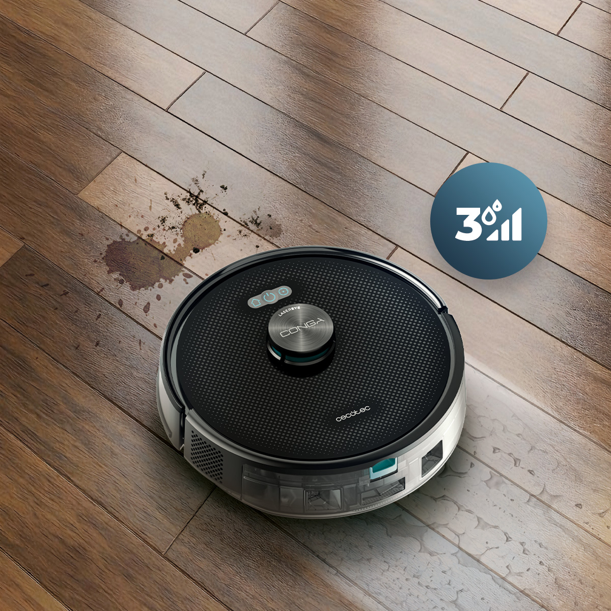 Un robot aspirador limpia un piso de madera con un derrame. Un círculo azul muestra el nivel de agua. El robot es negro y plateado.