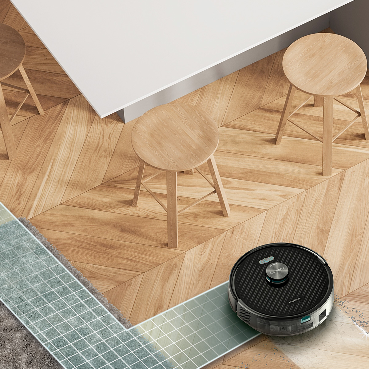 Una aspiradora robot negra en un suelo de madera. Hay tres taburetes de madera y una mesa blanca. El suelo tiene un patrón de espiga.