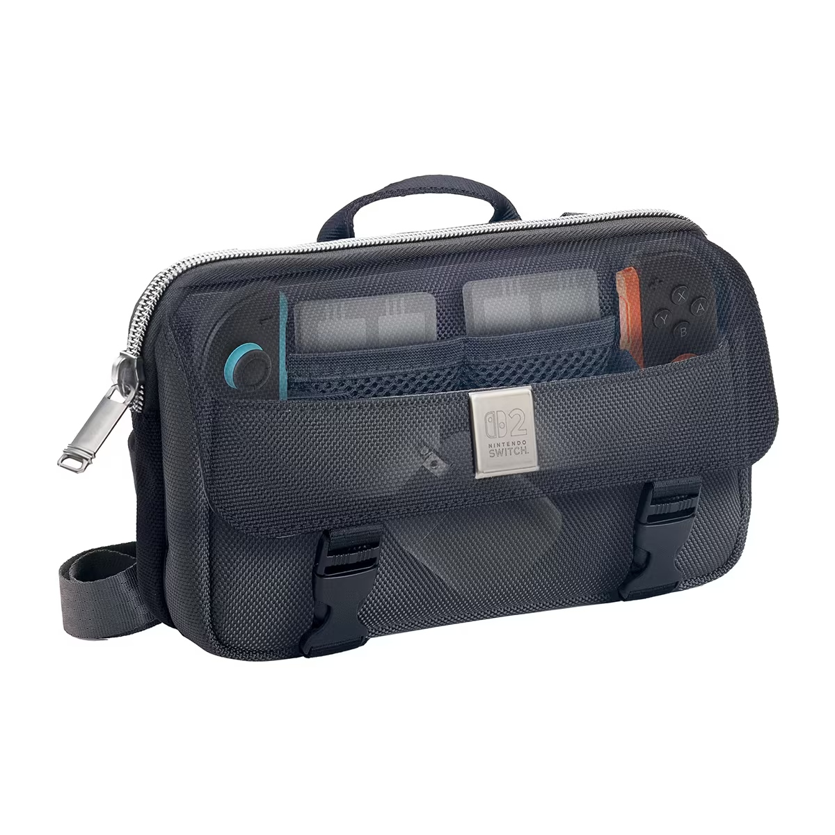 Funda de transporte negra para Nintendo Switch. Contiene consola Switch, cartuchos de juego y accesorios. Con asa y correa.