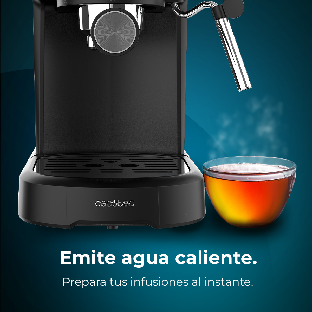 Máquina de café negra con un cuenco de té. El vapor sale del té. Texto: Emite agua caliente. Prepara tus infusiones al instante.