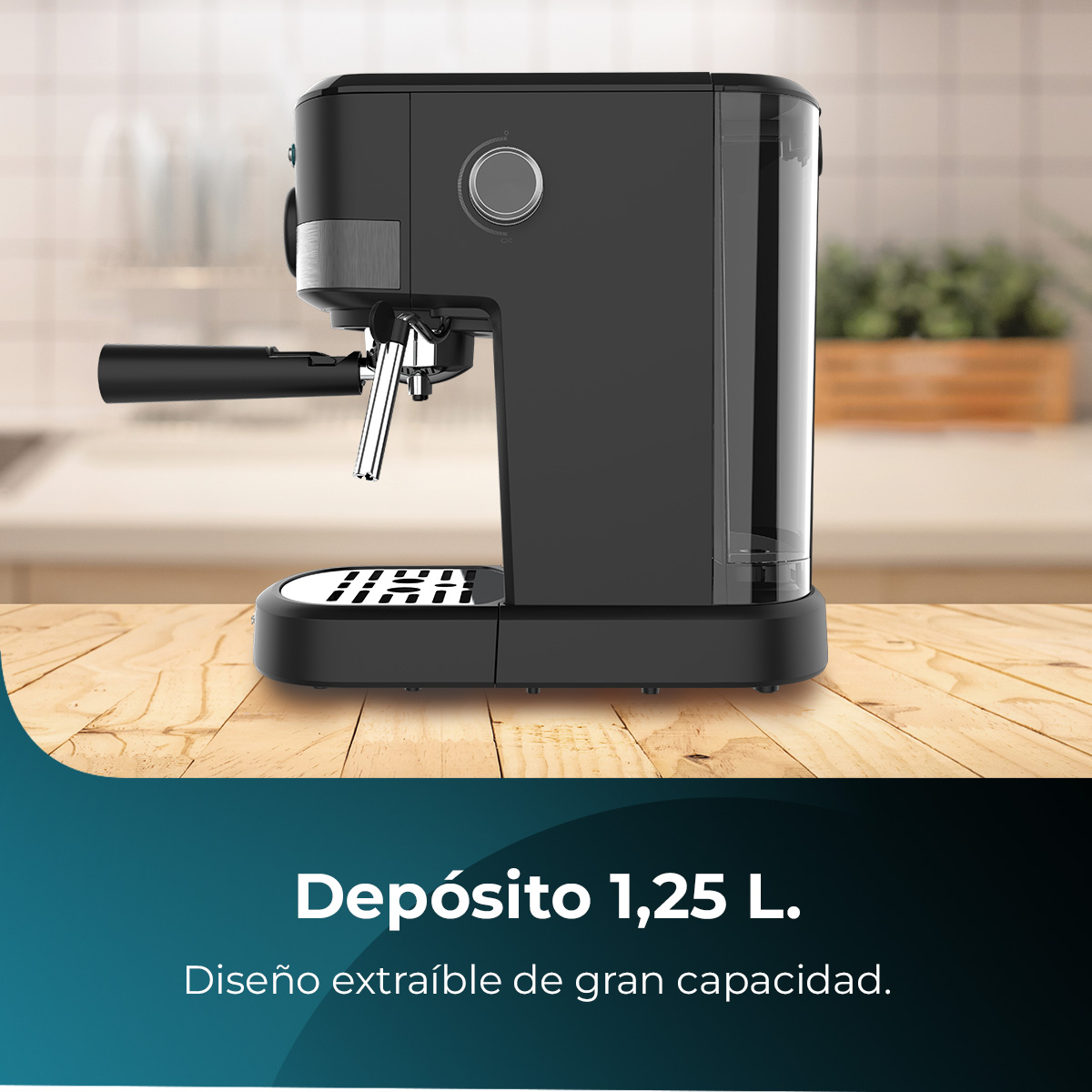 Una máquina de espresso negra sobre una superficie de madera. Tiene un depósito de agua, un mango y una perilla de control.