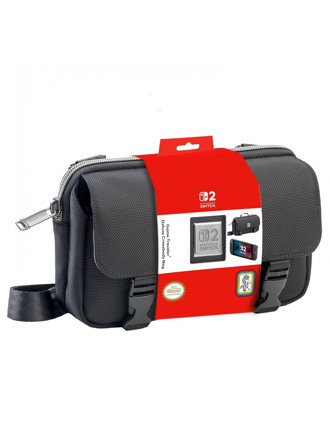 Una bolsa bandolera Deluxe de Nintendo Switch negra con etiqueta roja. La bolsa tiene cremallera, hebilla y correa para el hombro.