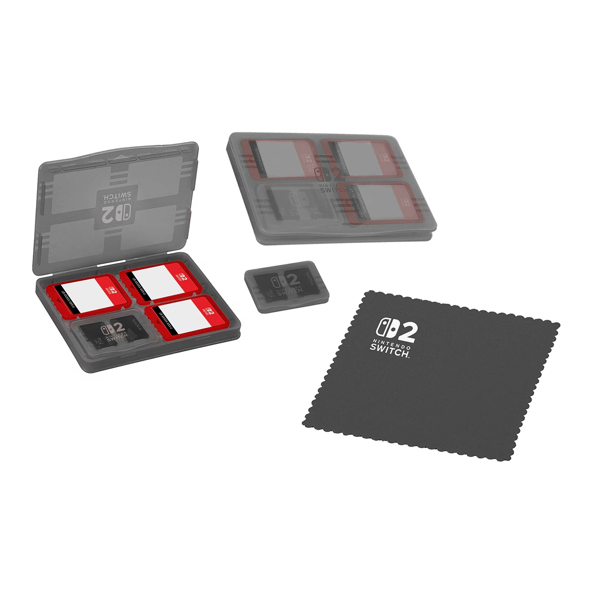 Cartuchos de juegos Nintendo Switch, estuche y paño. Los cartuchos son rojos y negros. El estuche es gris. El paño es gris oscuro, con el logo Nintendo Switch.