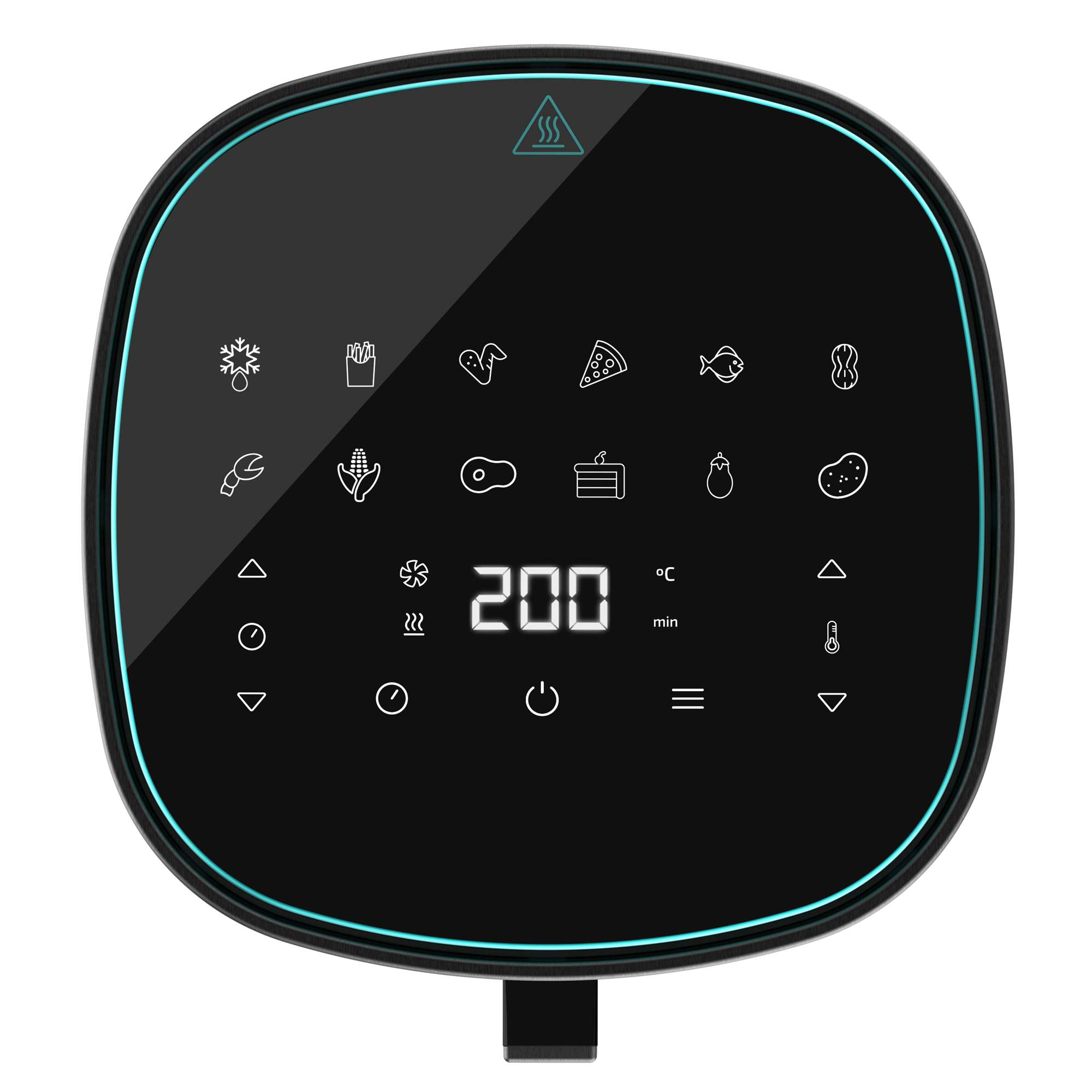 Panel de control negro de freidora de aire con iconos de alimentos, pantalla de temperatura y botones.