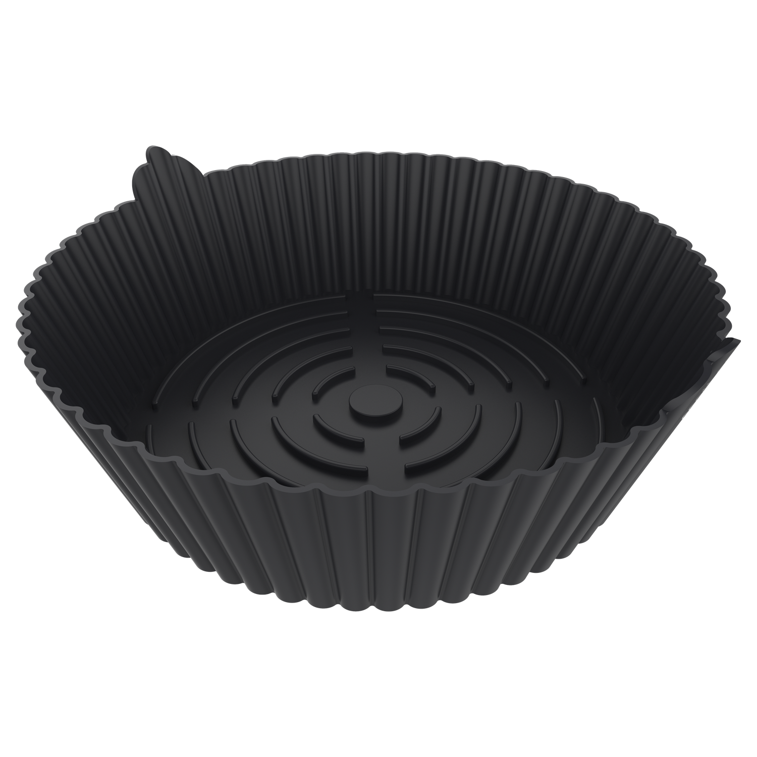 Un molde de silicona negro y acanalado, circular con una base estampada, sobre un fondo gris. El molde tiene un borde festoneado.