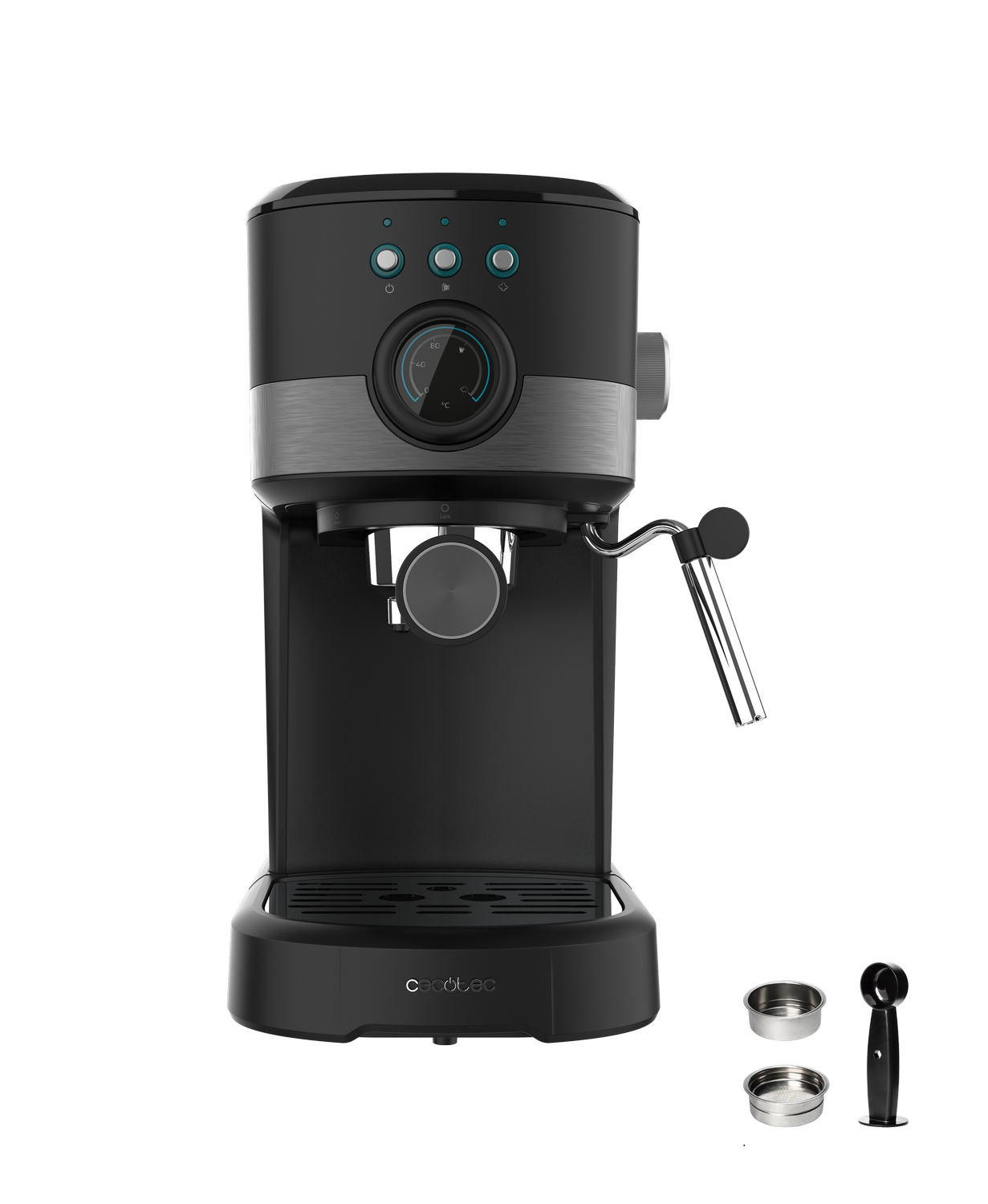 Máquina de espresso negra y plateada con manómetro y accesorios. Tiene una varilla de vapor de acero inoxidable.