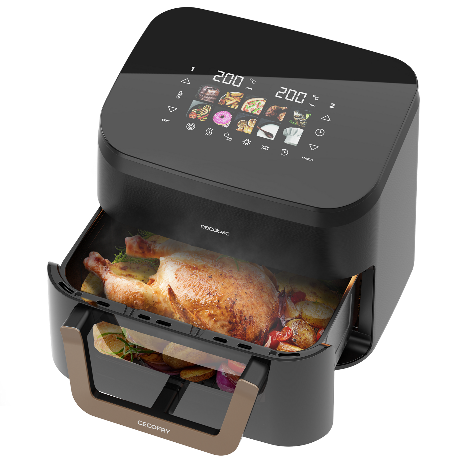 Una freidora de aire con un pollo asado dentro. La pantalla muestra 200 grados Celsius. La freidora es negra con detalles dorados.