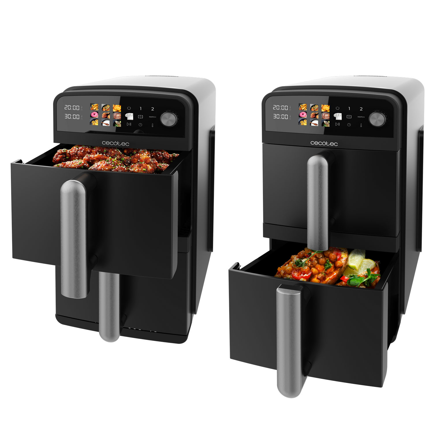 Dos freidoras de aire, una con alitas de pollo, otra con verduras. Ambas tienen pantallas digitales y cestas extraíbles.