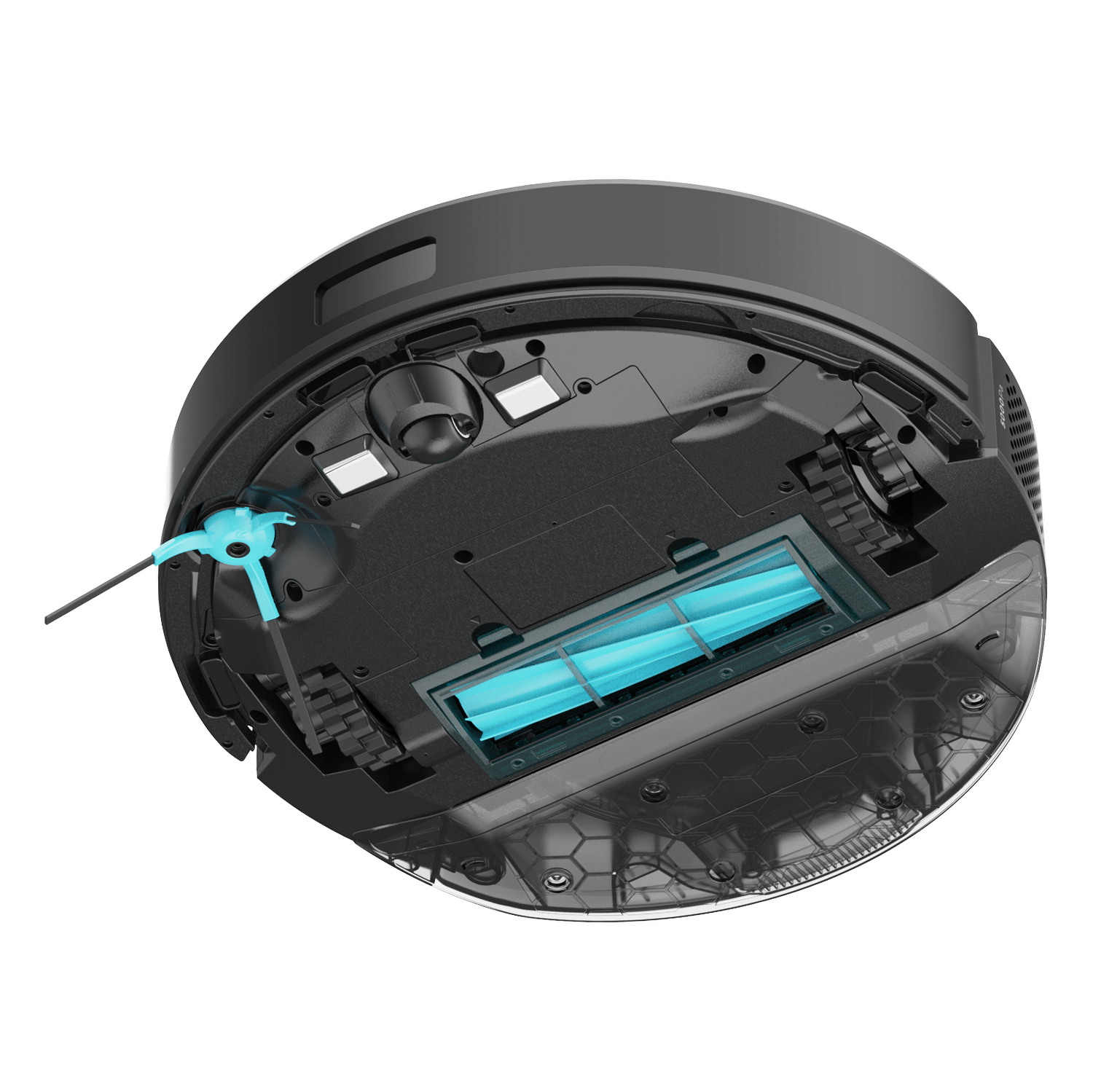 La parte inferior de un robot aspirador negro y plateado. Tiene cepillos azules y una parte delantera transparente. El fondo es gris.