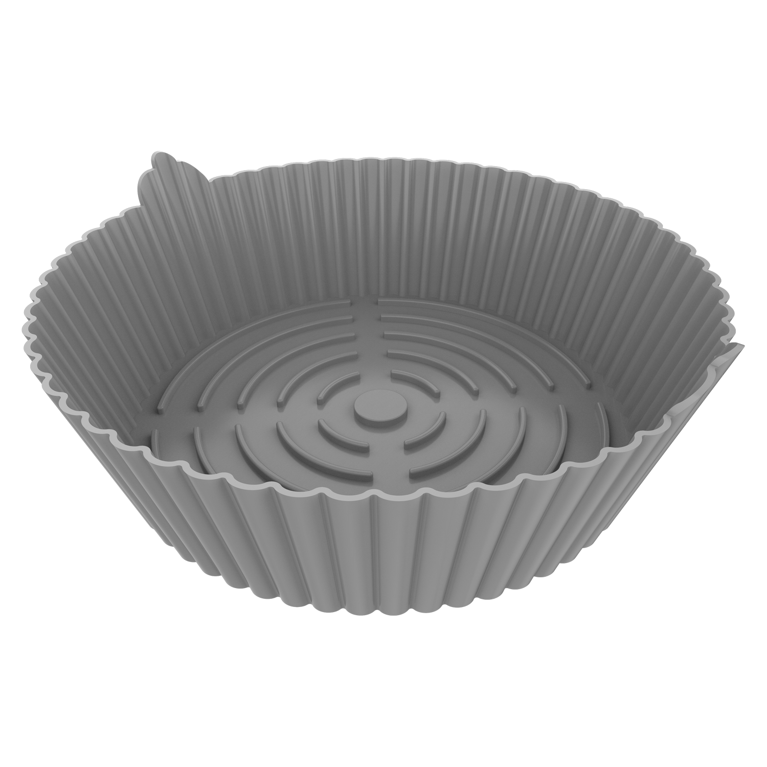 Un molde de silicona gris y acanalado para cupcakes. Tiene un borde ondulado y círculos concéntricos en la base.