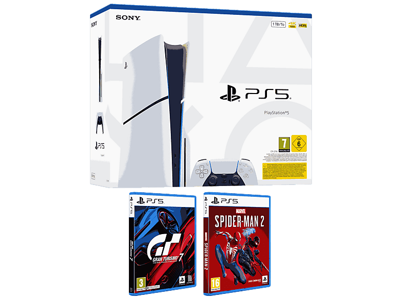 Consola - Sony PS5 Slim Standard, 1 TB SSD, mando, Chasis E, Blanco + Gran Turismo 7 Marvel's Spider-Man 2
