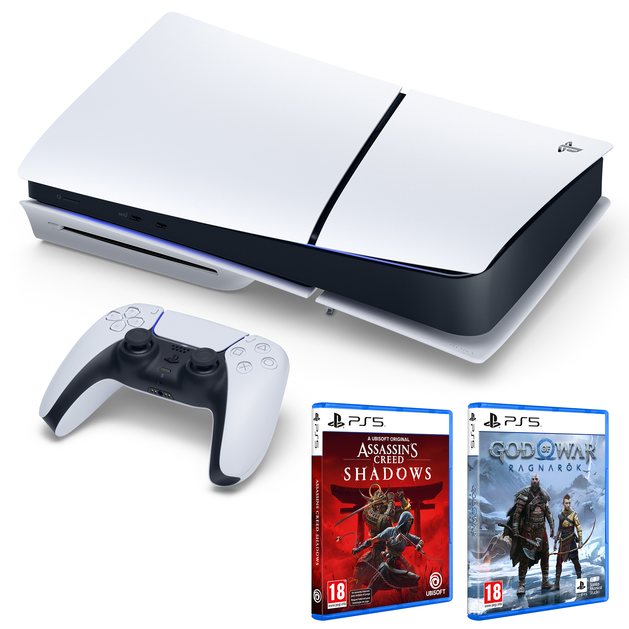 Una consola PS5, un mando y dos carátulas de juegos: Assassin's Creed Shadows y God of War Ragnarok.