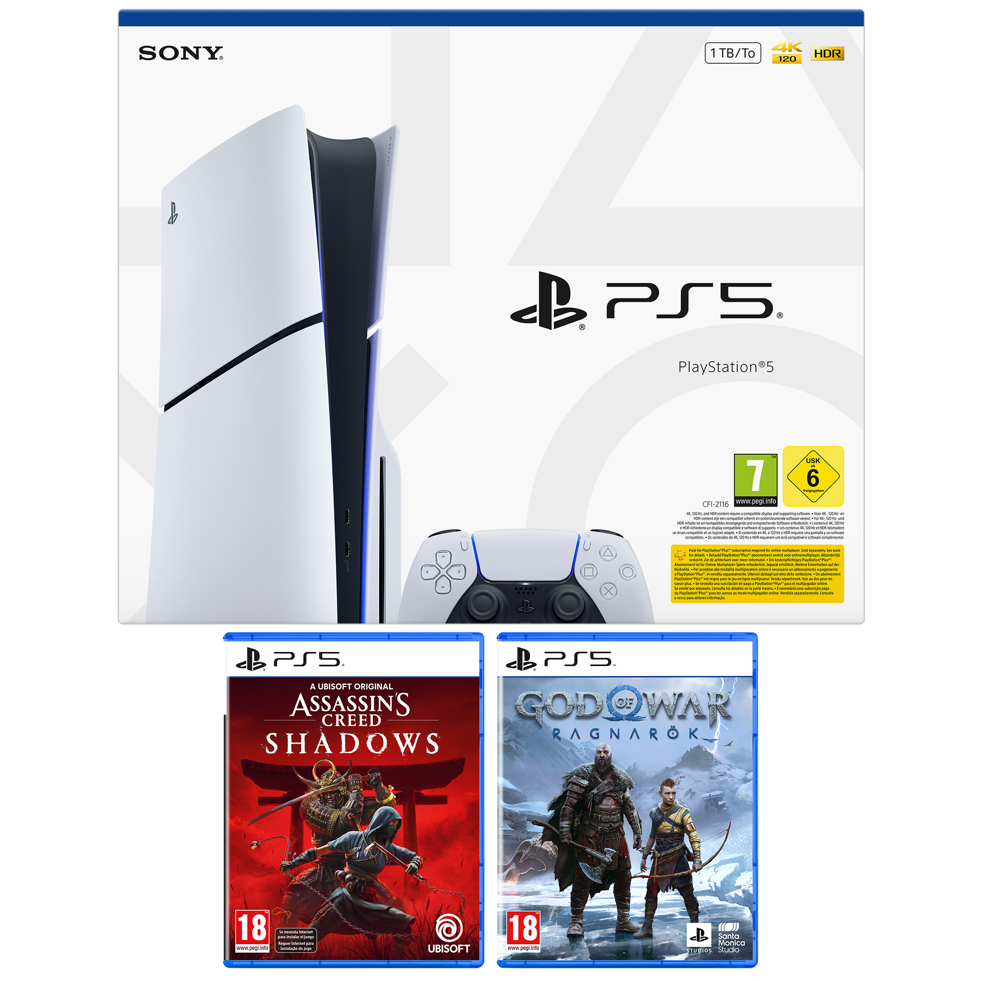 La imagen muestra una consola PS5, un mando y dos cajas de juegos. Un juego es Assassin's Creed Shadows y el otro God of War.