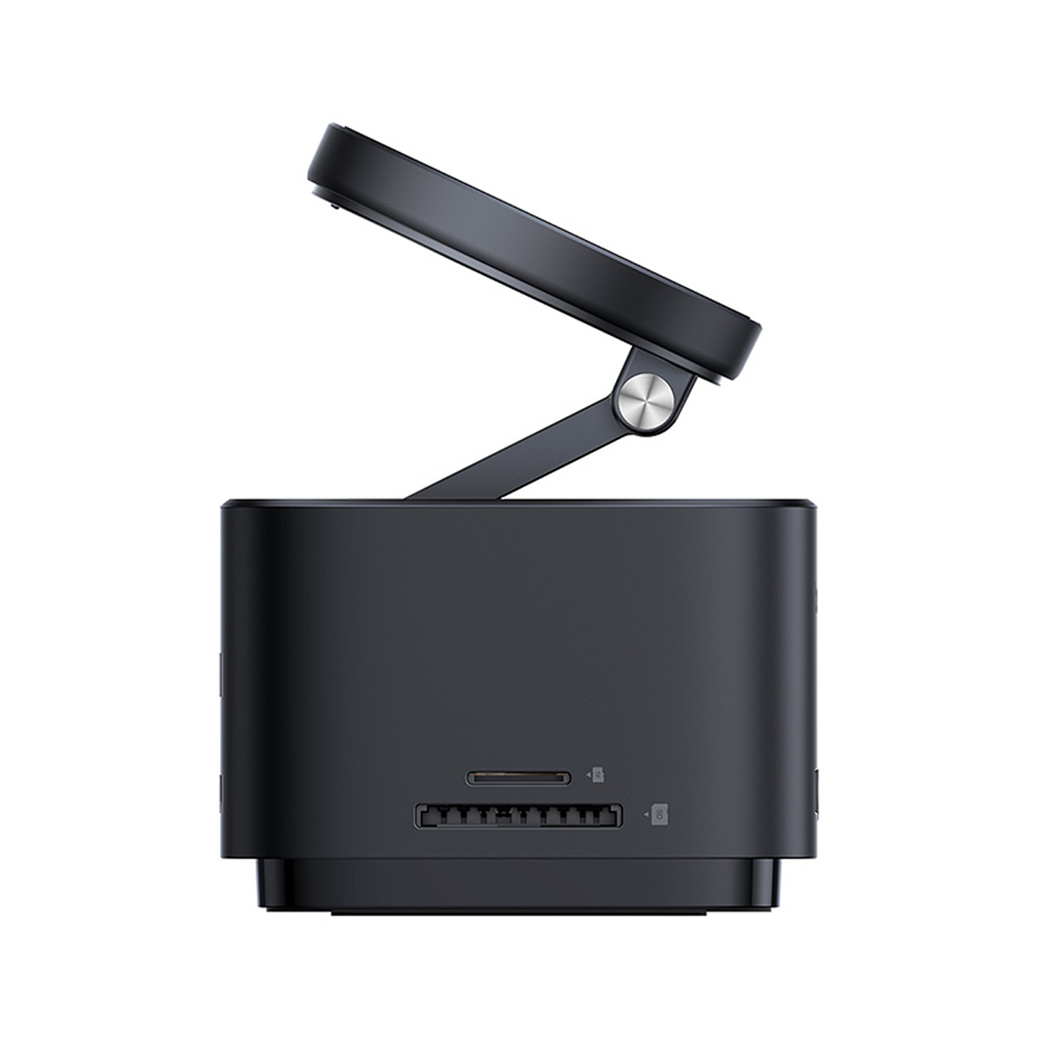 Un dispositivo negro con una pantalla inclinada hacia arriba. El dispositivo tiene una base rectangular y una pantalla en ángulo. Fondo blanco.