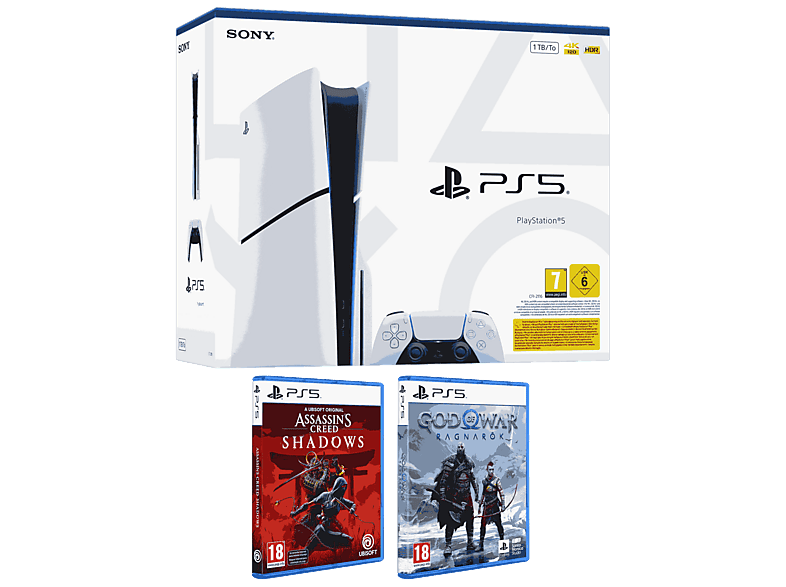 Consola - Sony PS5 Slim Standard, 1 TB SSD, mando, Chasis E, Blanco + Assassin's Creed: Shadows God Of War: Ragnarok