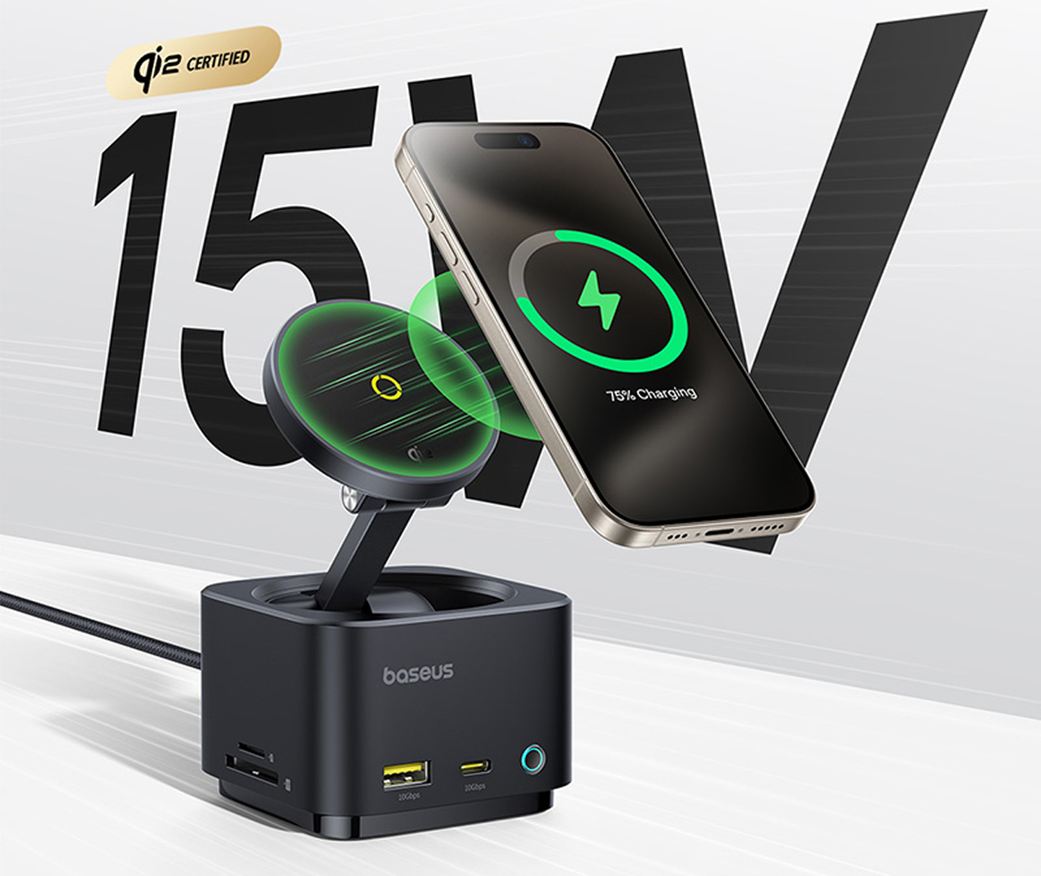 Un teléfono cargándose en un cargador inalámbrico. El teléfono está al 75% de carga. El cargador está conectado a una base negra.