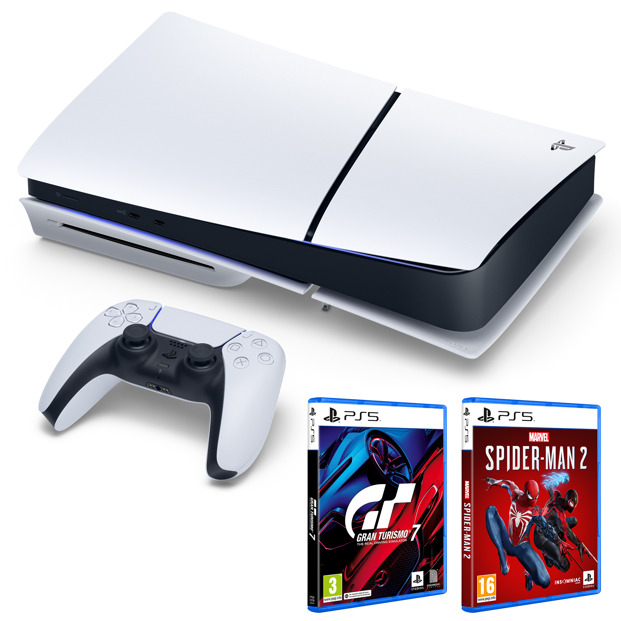 Una consola PlayStation 5, un mando y dos carcasas de juegos. La consola es blanca y negra. Juegos: Gran Turismo 7 y Spider-Man 2.