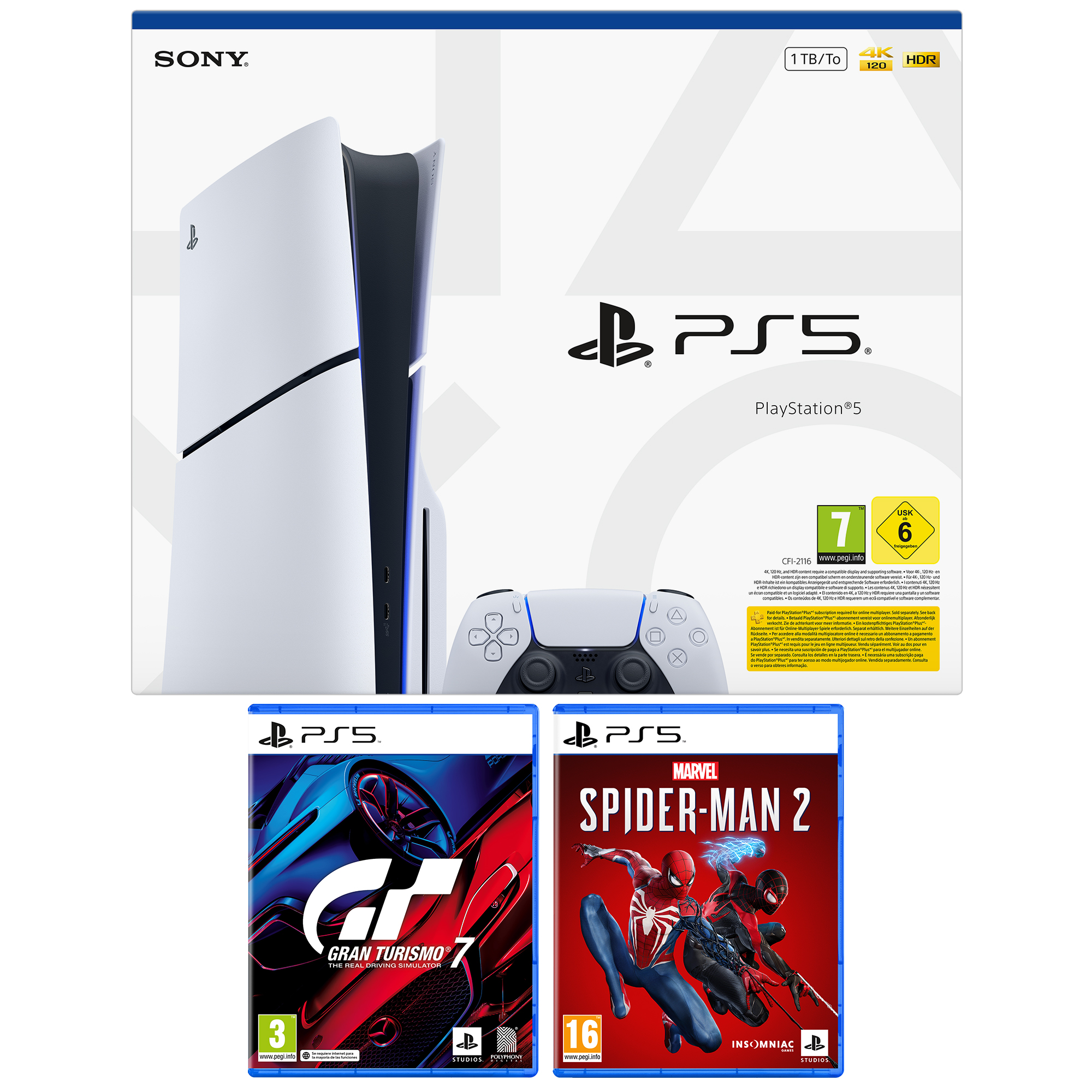 La imagen muestra una consola PS5, un controlador y dos cajas de juegos: Gran Turismo 7 y Marvel's Spider-Man 2.
