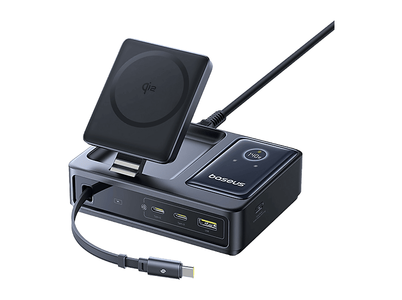 Docking station - Baseus NOMOS 5 en 1, Con carga inalámbrica Qi2, 140W, Cable retráctil y pantalla digital, dispositivos a la vez, Universal, Black