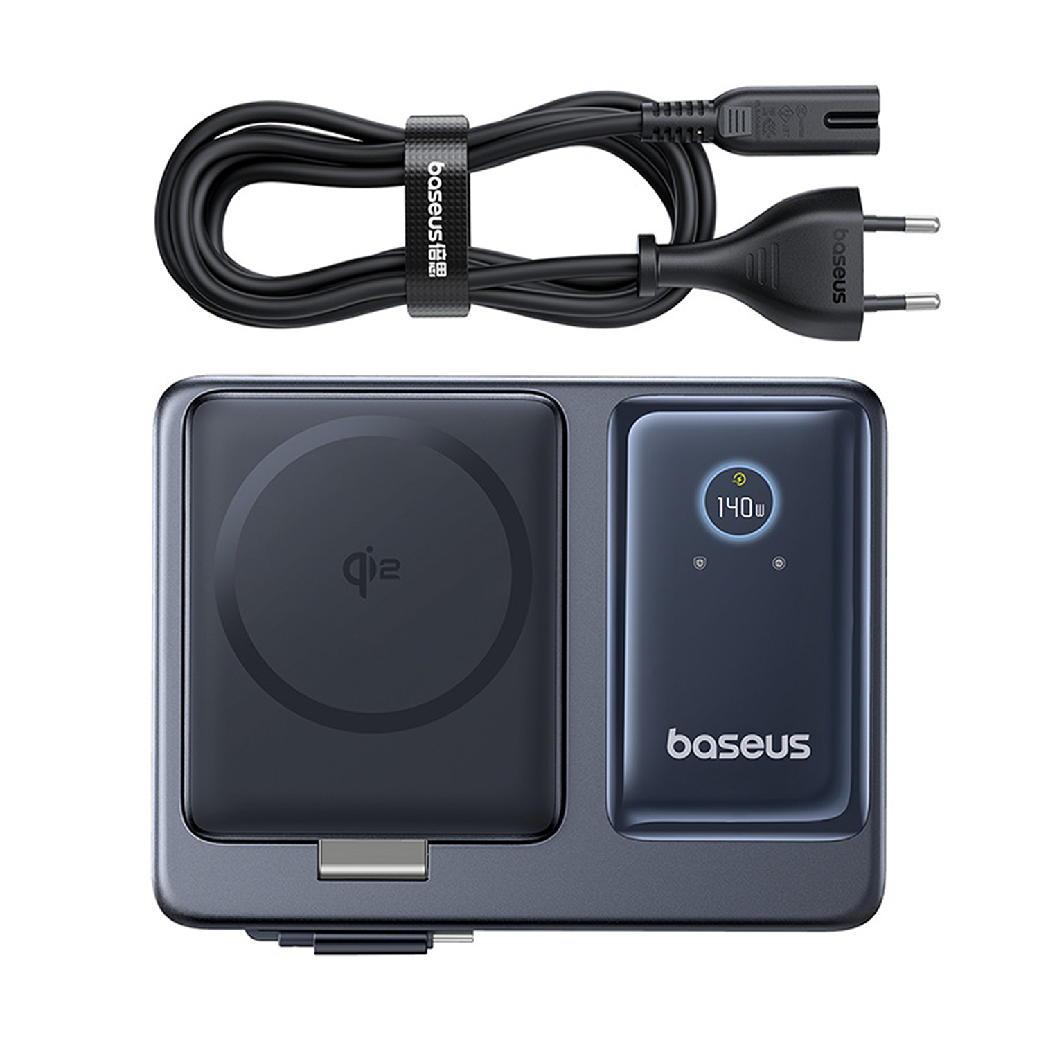 Un cargador inalámbrico Baseus negro con un adaptador de corriente. El cargador tiene una plataforma de carga, una pantalla de 140W y USB-C.