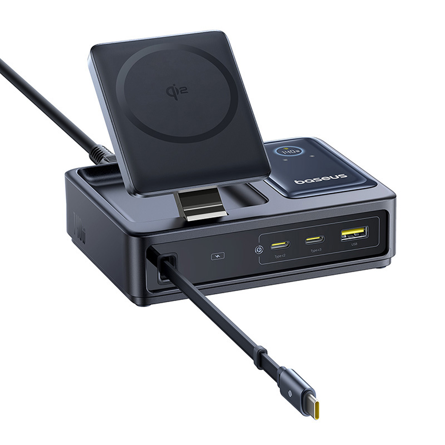 Baseus estación de carga negra con plataforma de carga inalámbrica. Incluye puertos USB y Type-C, y un cable de alimentación conectado.