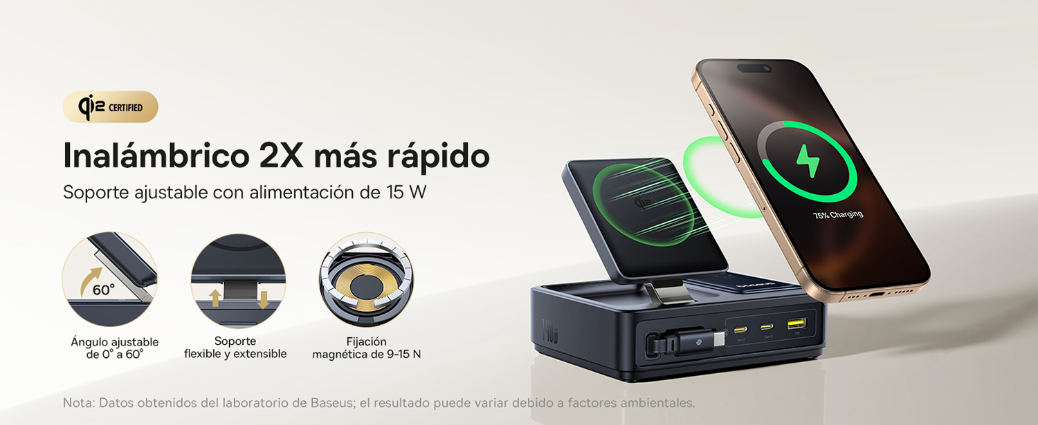 Cargador inalámbrico con teléfono. Muestra carga al 75%. Soporte ajustable, soporte flexible. Fijación magnética y carga rápida.