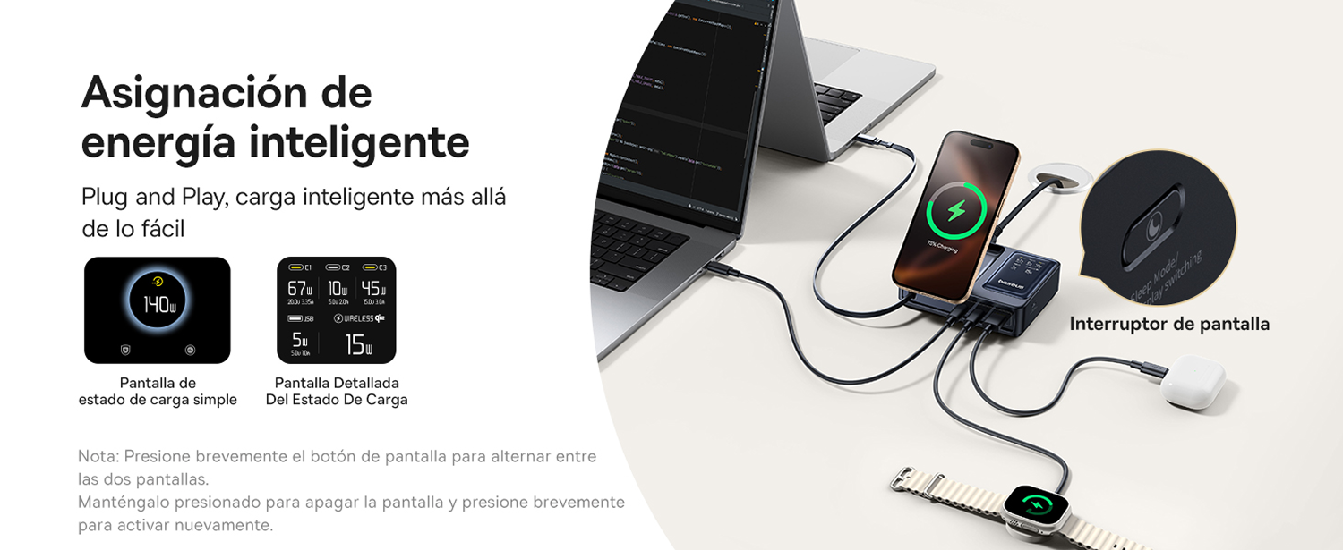 Imagen muestra una estación de carga con varios dispositivos conectados: portátil, teléfono, reloj y auriculares. Pantalla muestra el estado.
