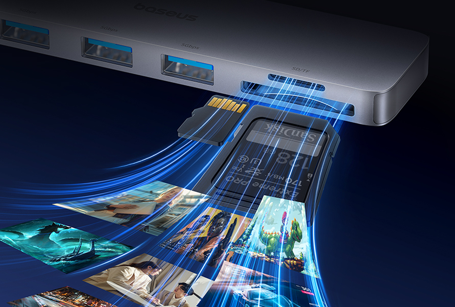 Un hub Baseus plateado con puertos y ranuras para tarjetas SD. Una tarjeta SD Sandisk Extreme Pro y las imágenes fluyen de ella.
