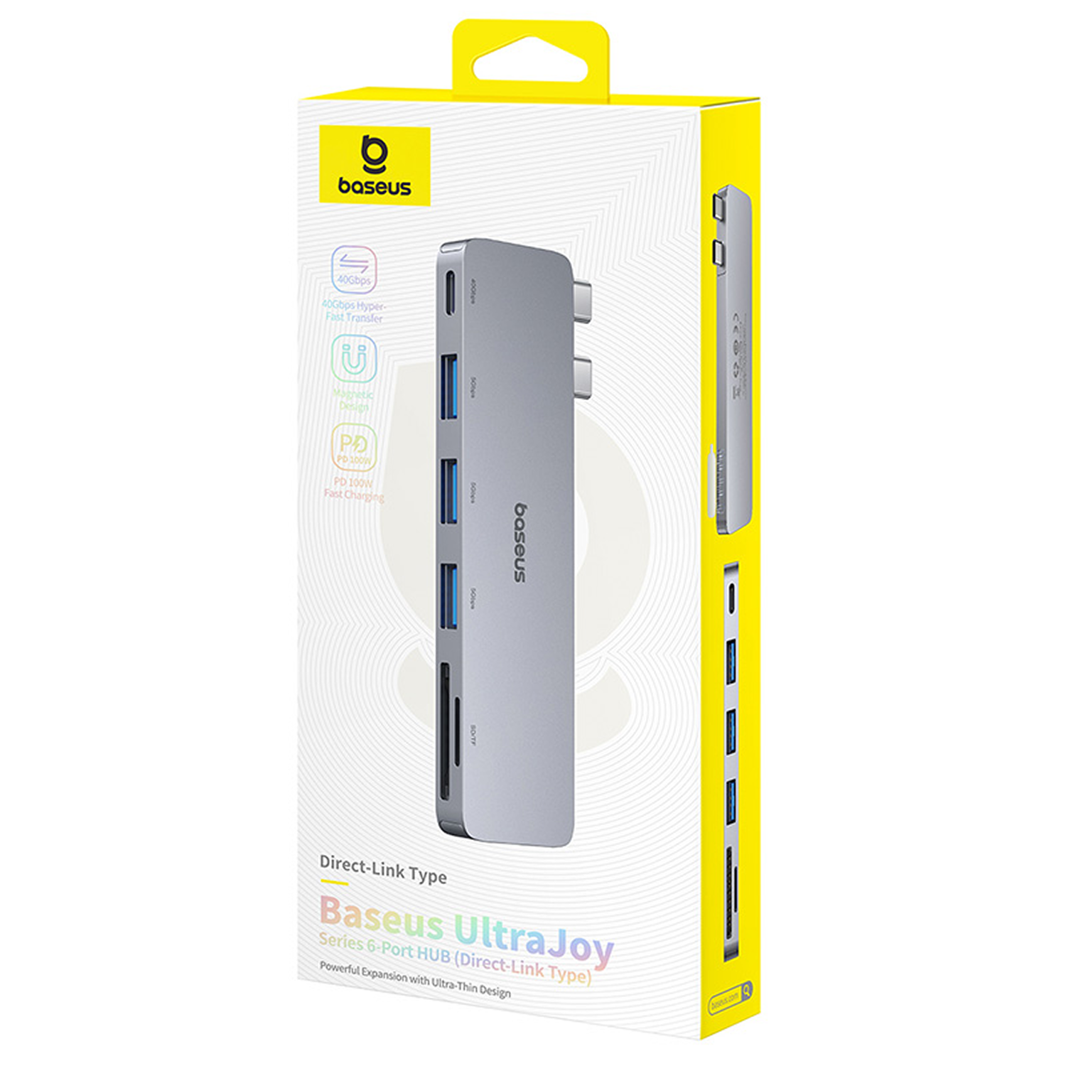 Se muestra una caja Baseus UltraJoy 6-Port HUB. Tiene un concentrador gris con varios puertos. La caja es amarilla y blanca con información del producto.