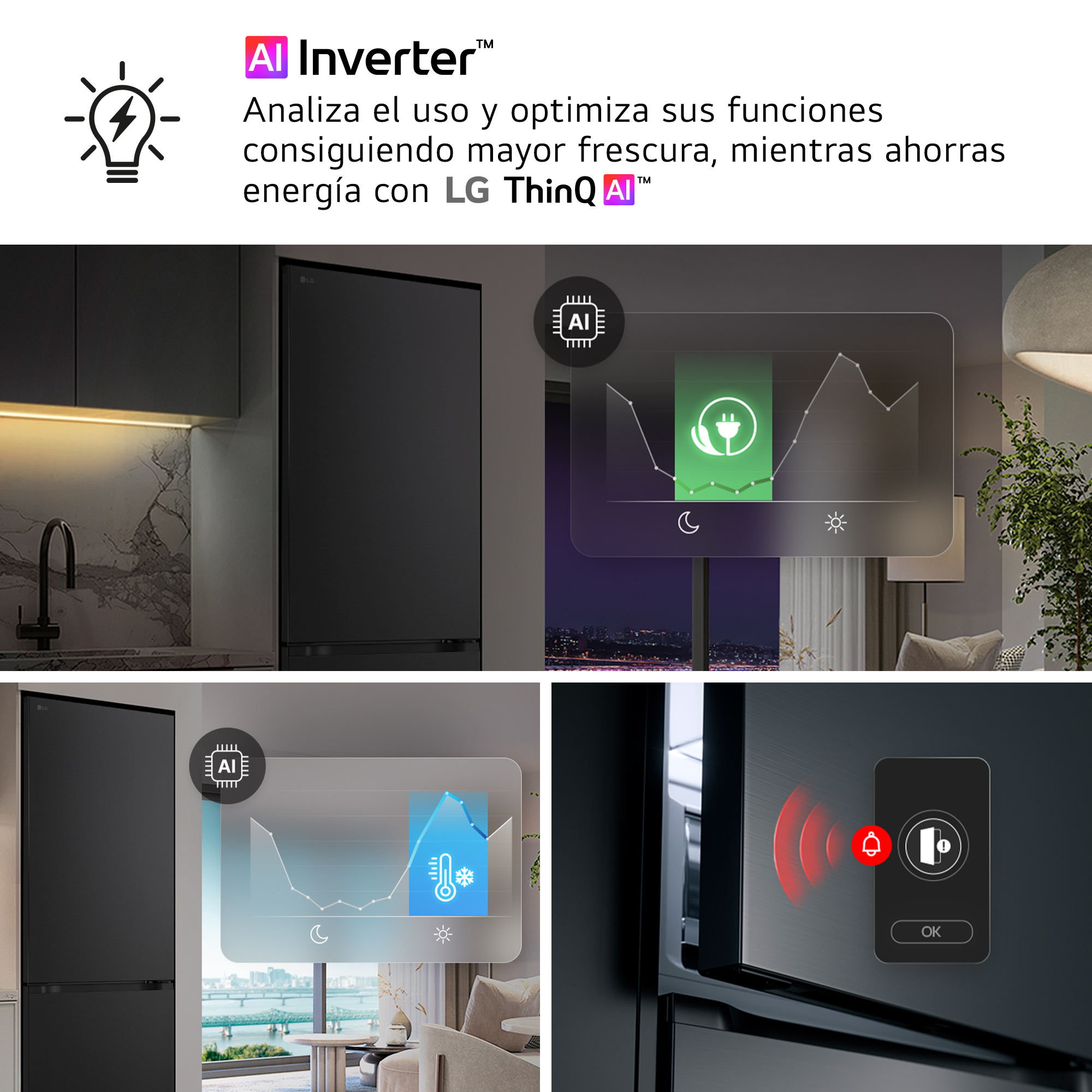 AI Inverter™ Analiza el uso y optimiza sus funciones consiguiendo mayor frescura, mientras ahorras energía con LG ThinQ AI™