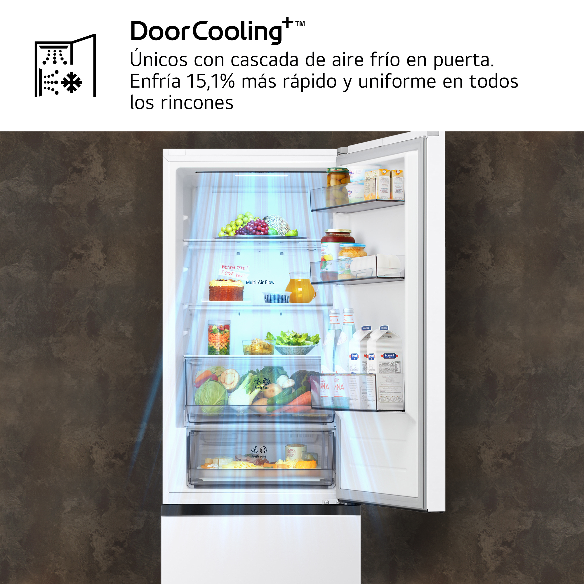 DoorCooling+™ Únicos con cascada de aire frío en puerta. Enfría 15,1% más rápido y uniforme en todos los rincones