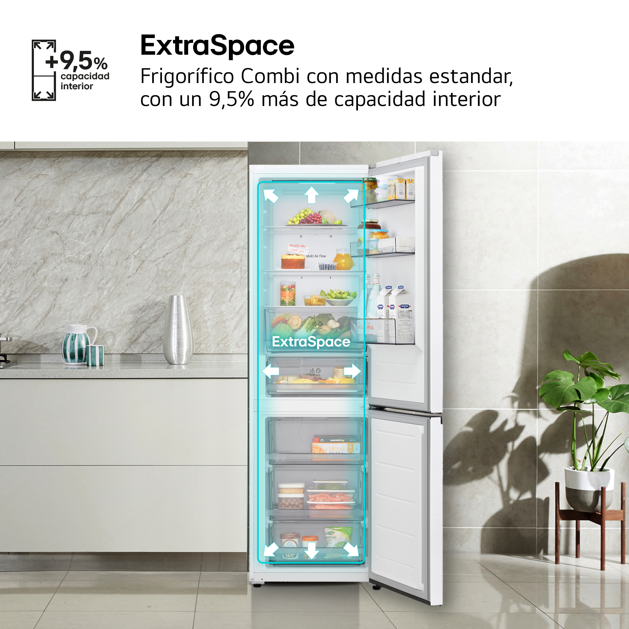 ExtraSpace Frigorífico Combi con medidas estandar, con un 9,5% más de capacidad interior