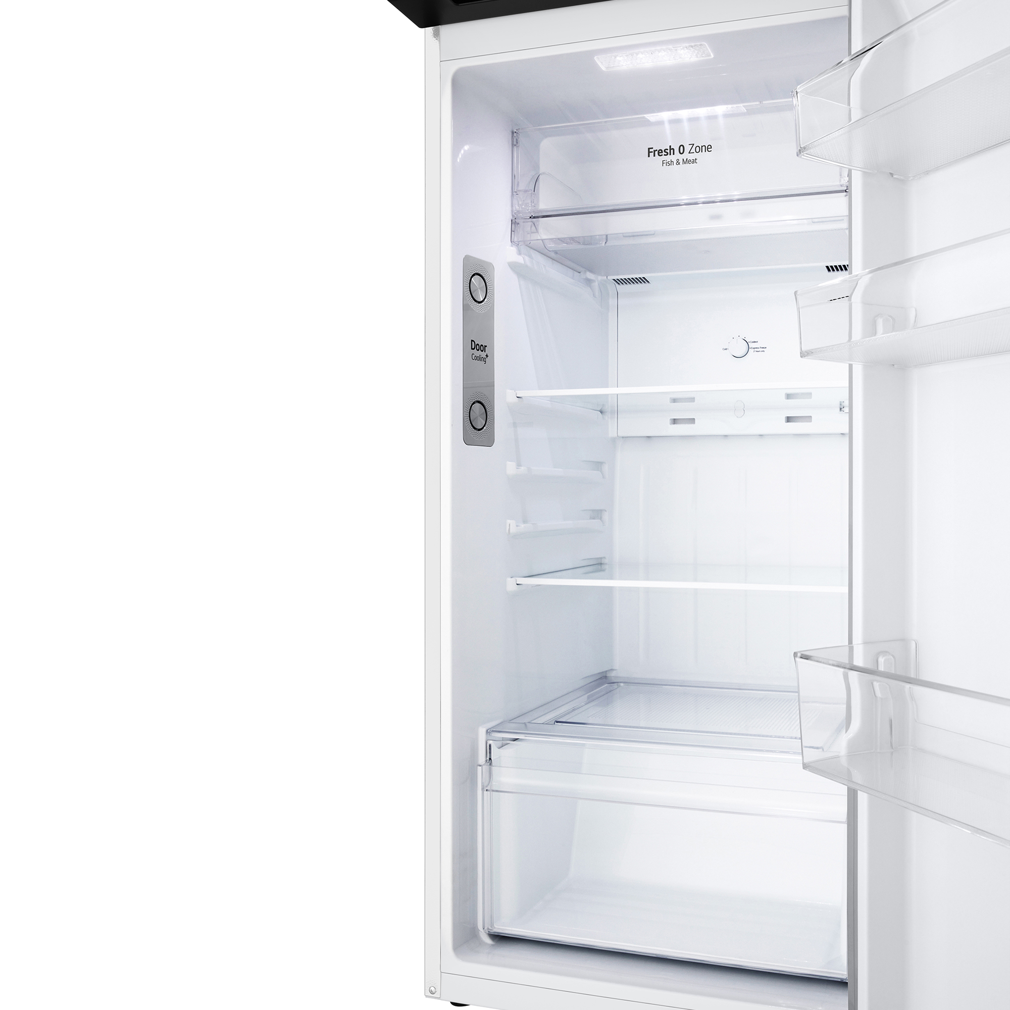 Interior de refrigerador blanco abierto con estantes, cajones y 'Fresh 0 Zone'. La puerta tiene un botón 'Door Cooling'.