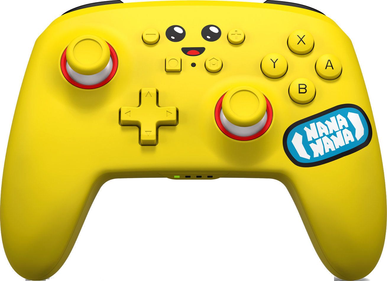 Ein gelber Gamecontroller mit einem lächelnden Gesicht, Knöpfen und einem 'Nana Nana'-Aufkleber. Er hat rot umrandete Joysticks.
