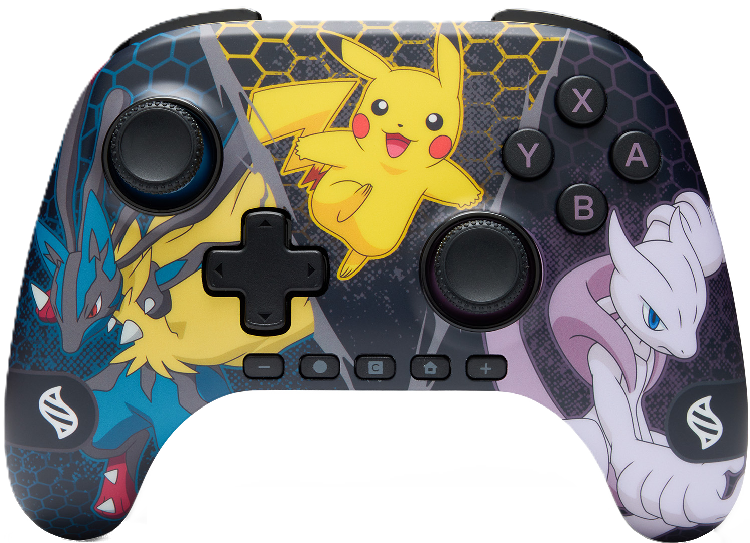 Ein Gamecontroller mit Pikachu, Lucario und Mewtwo. Zu den Tasten gehören X, Y, A, B und ein Richtungspad. Der Hintergrund ist grau und schwarz.