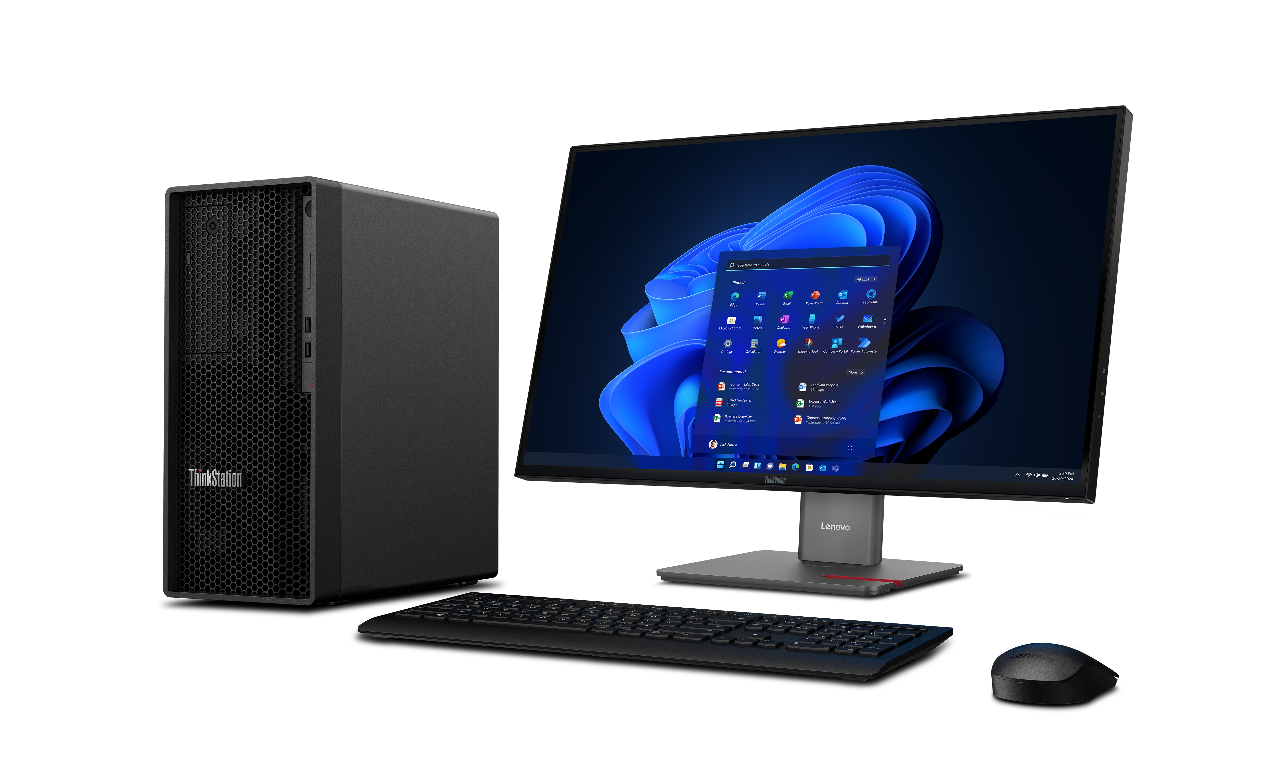 Ein schwarzes Lenovo ThinkStation Desktop-Computer-Setup mit Monitor, Tastatur und Maus auf schwarzem Hintergrund.