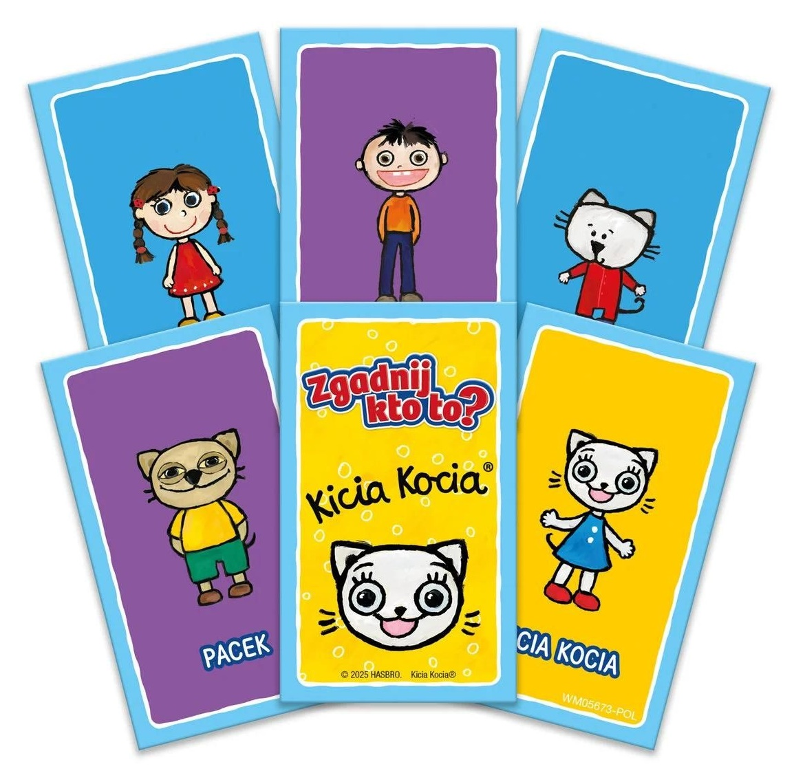 Karty z gry w zgadywanie z postaciami z kreskówek. Na kartach dziewczyna, chłopiec i koty. Gra nazywa się Kicia Kocia.