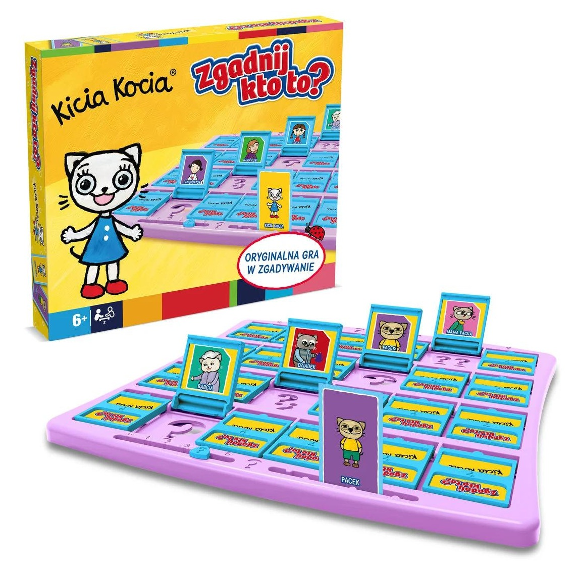 Gra planszowa 'Zgadnij kto to?' z postaciami kotów. Widoczne pudełko i plansza do gry, z tytułem gry i ilustracjami kotów z kreskówek.
