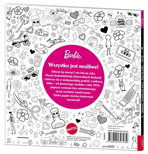 Tył kolorowanki Barbie z wieloma czarno-białymi rysunkami. Różowe koło z napisem 'Barbie' i tekstem po polsku.