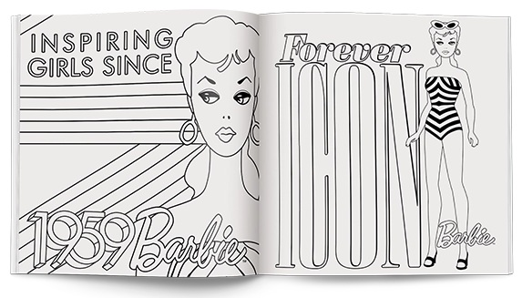 Otwarta strona książki. Lewa strona: obraz Barbie, tekst: Inspirujące dziewczyny od 1959 roku. Prawa strona: obraz Barbie, tekst: Forever ICON Barbie.