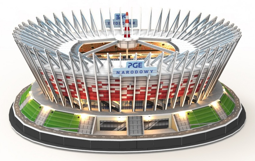 Szczegółowy model stadionu PGE Narodowy. Jest biało-czerwony, z otaczającą drogą i zieloną trawą.