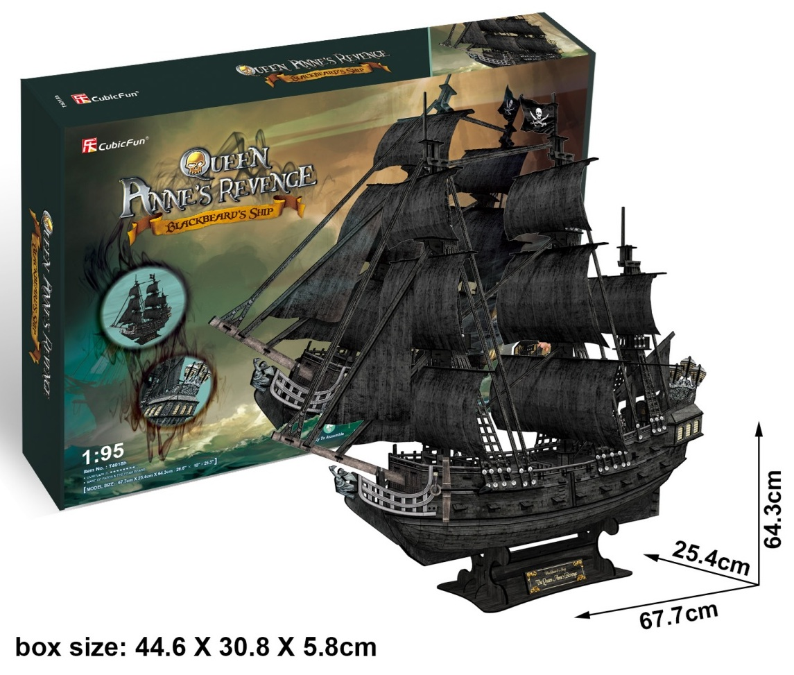 Model 3D statku Czarnobrodego, Queen Anne's Revenge, z czarnymi żaglami i flagami, obok pudełka z wymiarami.
