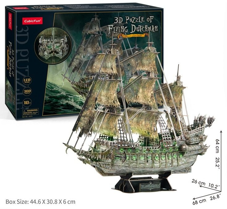 Puzzle 3D statku Latający Holender. Statek jest szaro-zielony z podartymi żaglami. Pudełko pokazuje złożoną układankę.