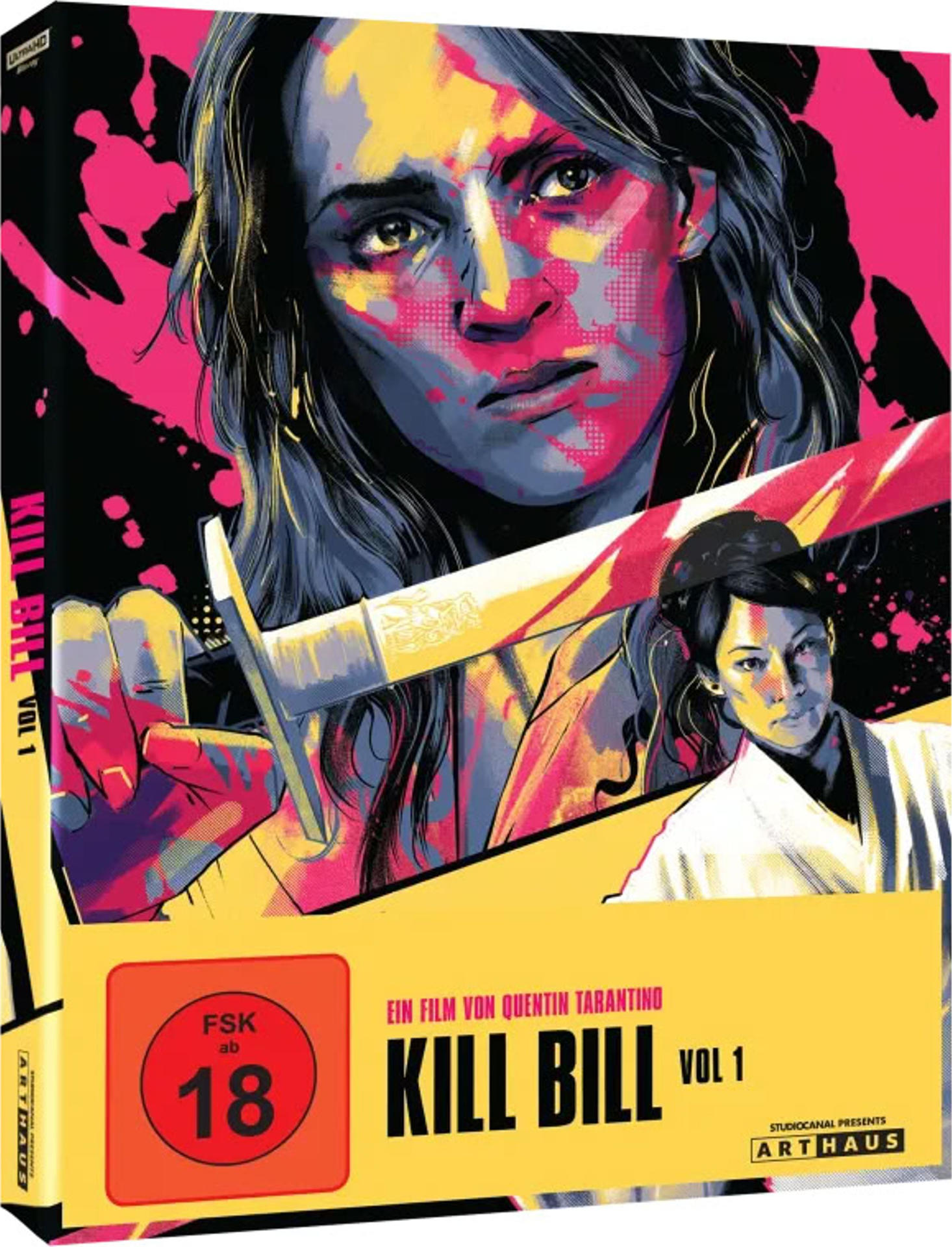 Kill Bill Vol. 1 DVD-Cover. Uma Thurman hält ein Katana. Gelb, Pink und Schwarz dominieren mit einer Altersfreigabe ab 18.