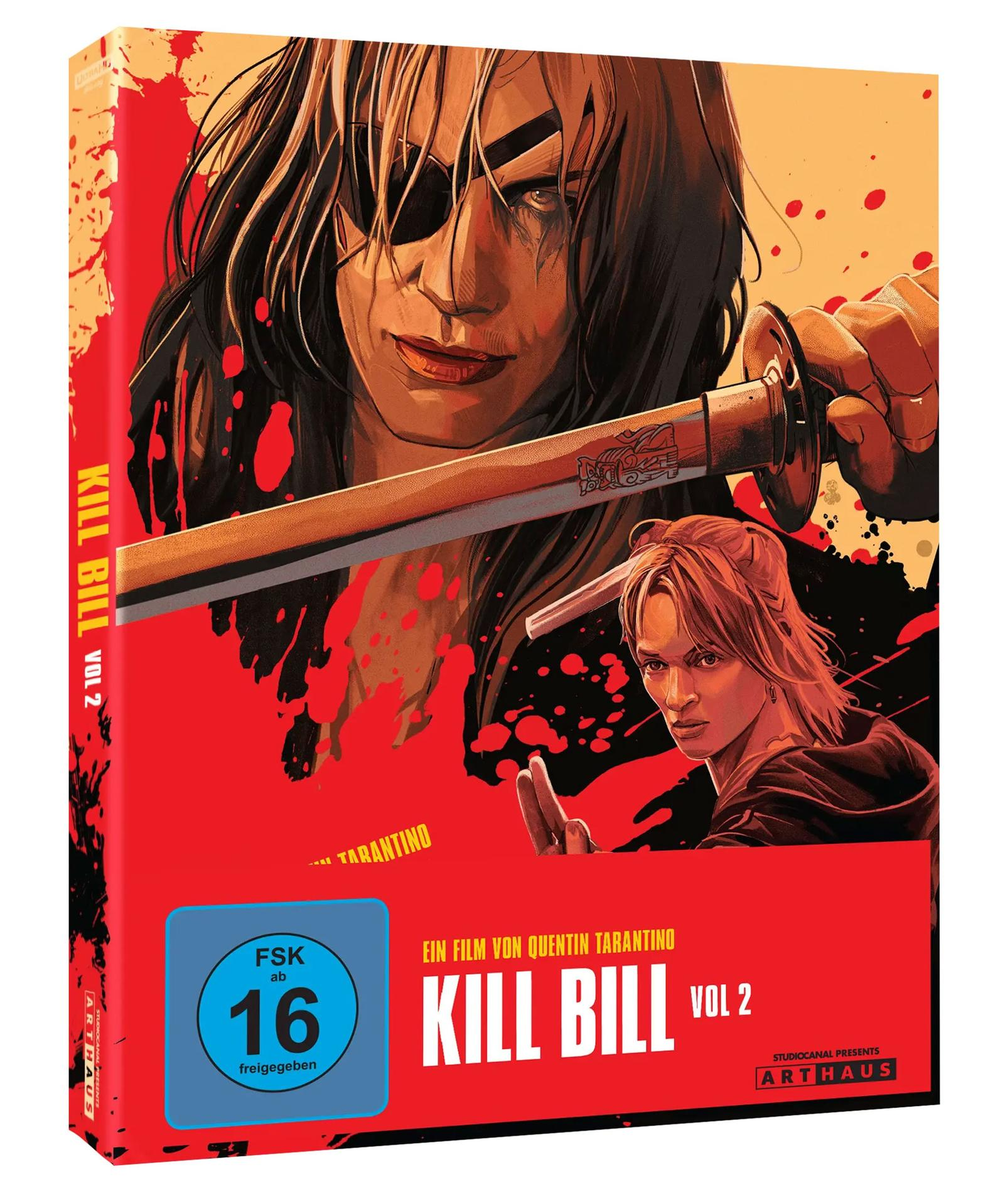 DVD-Cover. Eine Frau mit Augenklappe hält ein Schwert. Der Titel 'Kill Bill Vol. 2' steht auf rotem Hintergrund.