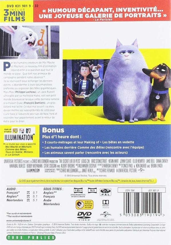 Couverture DVD. Film d'animation 'Comme des bêtes'. Personnages : chat, chien, lapin. Texte en français.