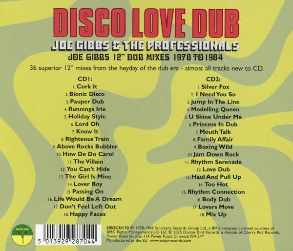 CD-Cover. Titel: Disco Love Dub. Künstler: Joe Gibbs & The Professionals. Enthält Titellisten und einen grün-gelben Hintergrund.