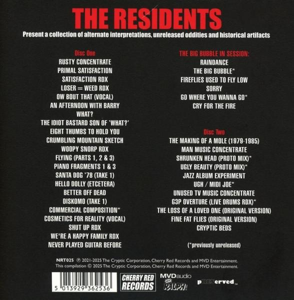 Das Albumcover listet Songs von The Residents auf, darunter 'Rusty Concentrate', 'The Big Bubble' und 'Man Music Concentrate'.