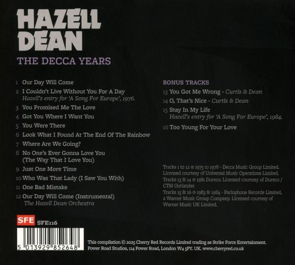 CD-Cover. Titel: Hazell Dean, The Decca Years. Titelliste, Bonustracks und Copyright-Details sind sichtbar.