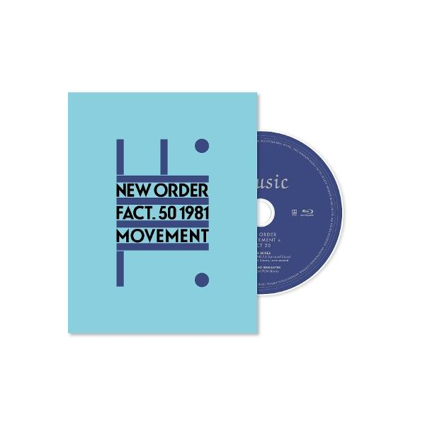 CD case with "New Order Fact. 50 1981 Movement" on a light blue background. A CD is partially visible to the right.